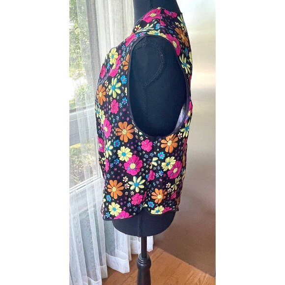 Vintage hippie vest, black, yellow, orange, hot pink crazy daisies, flower power - Picture 5 of 10